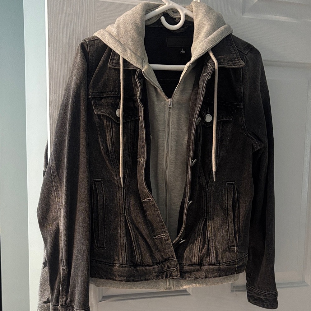 Blank NYC Black Denim Jacket with Gray Hoodie